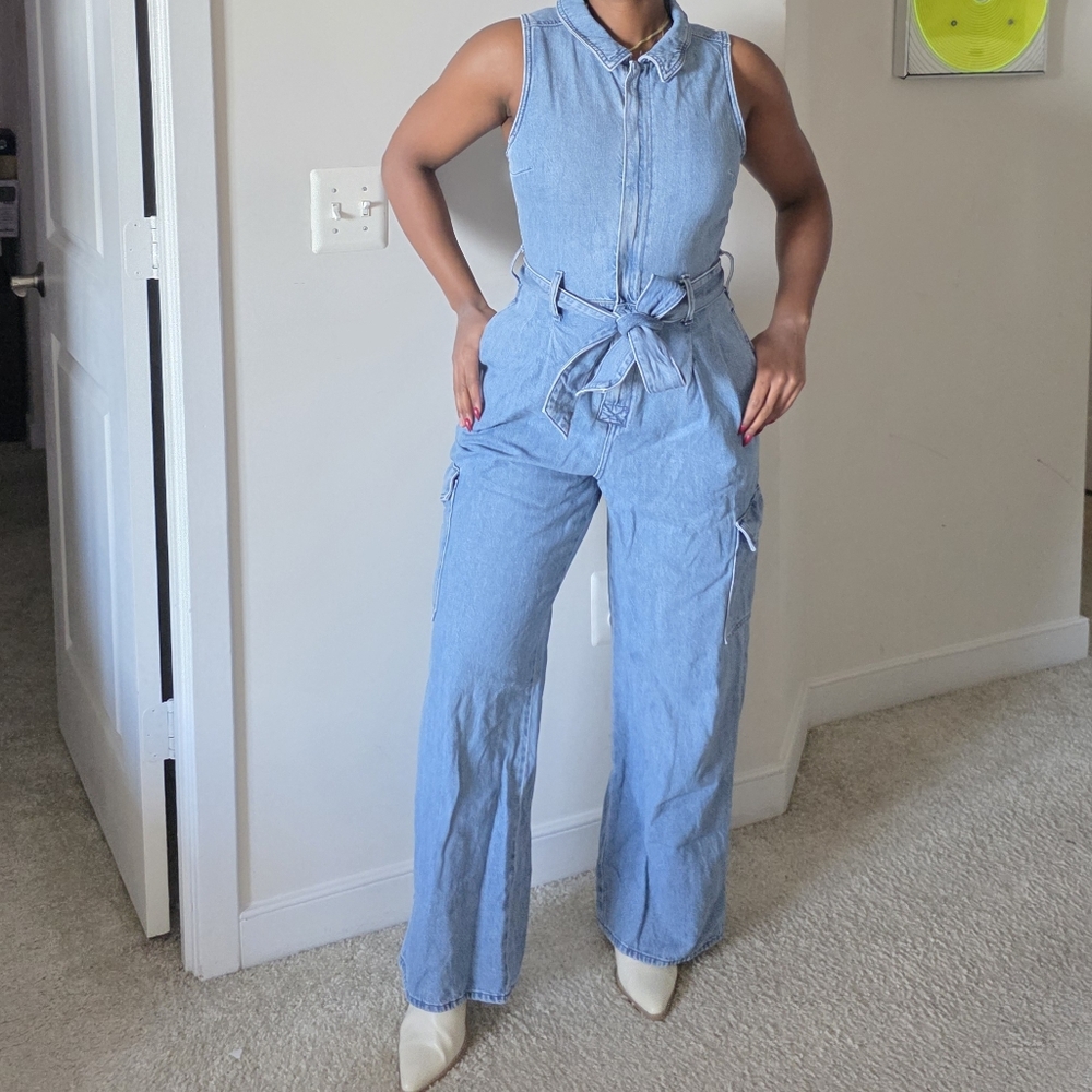 Medium Wash Belted Denim Jumpsuit